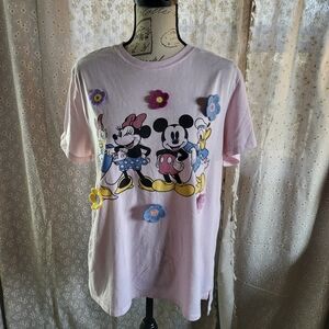 Disney Mickey and Friends Pink Graphic T-Shirt w/ 3D Flower Appliqués